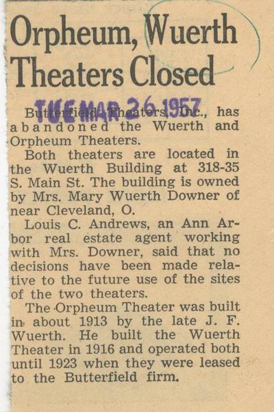 Orpheum Theatre - Old Article From Ann Arbor News